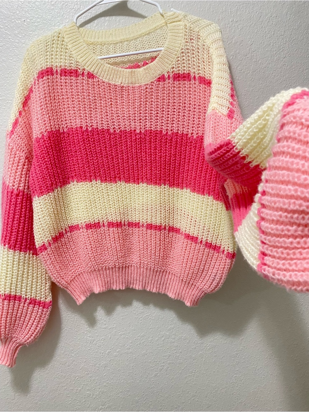 Chunky Striped Knit Sweater in Pink & Cream